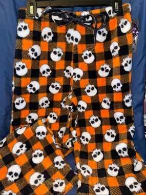 Women's Orange & Black Plaid Skull Fuzzy Pajama Pants